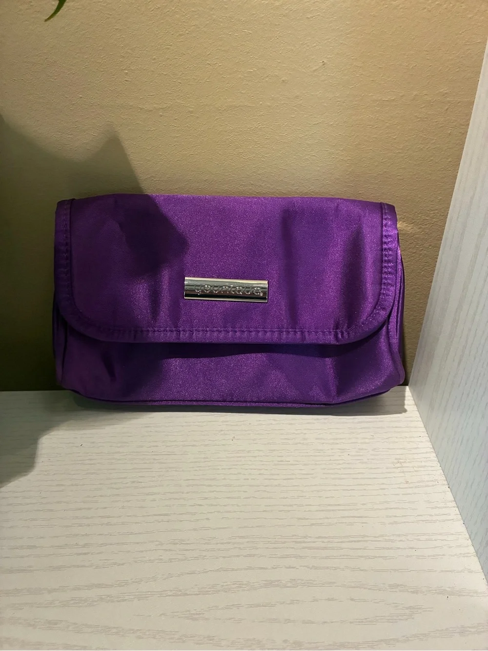 Younique Purple Satin Cosmetic Clutch with Silver Logo Plate
